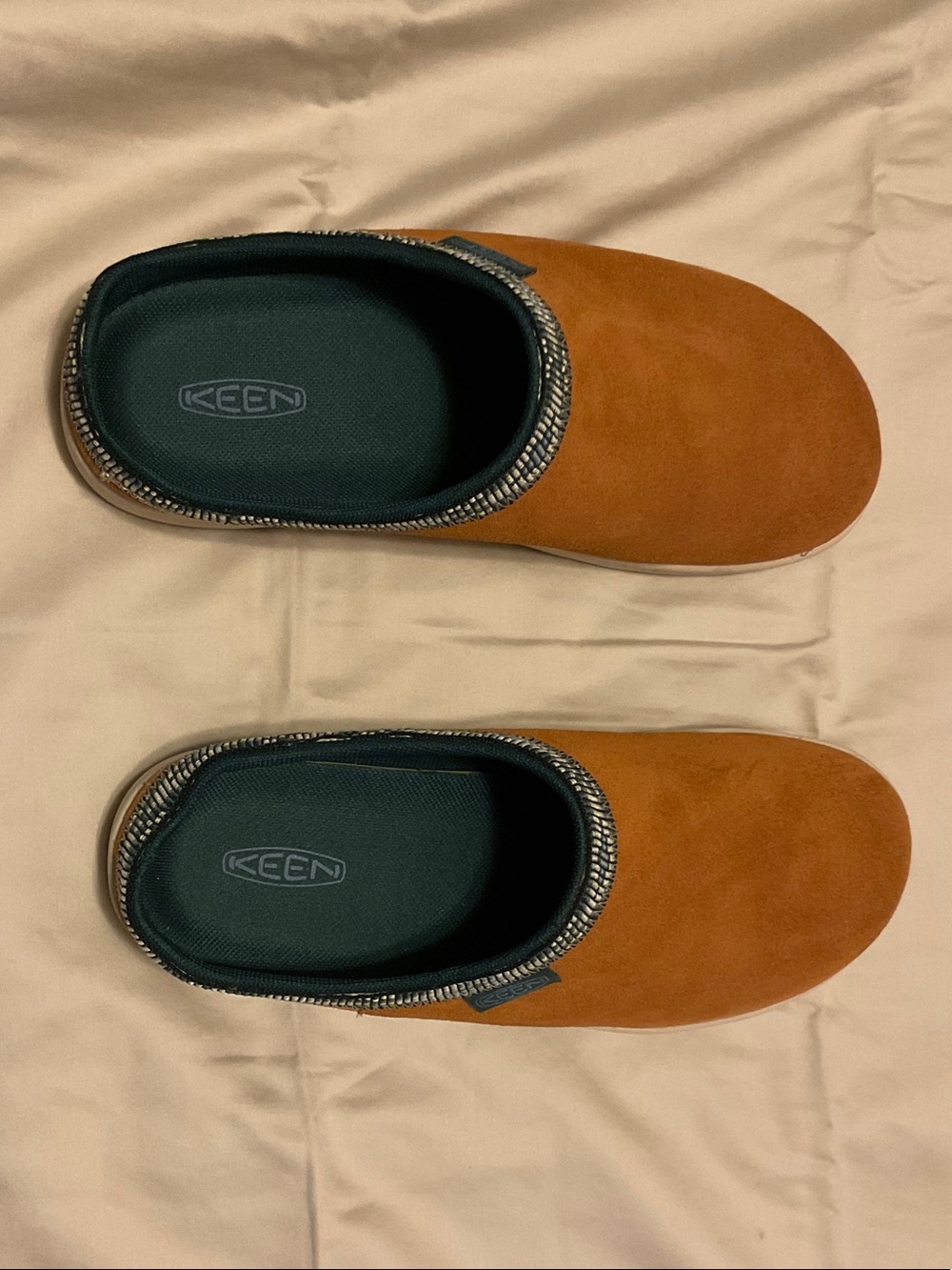 KEEN Men's Slip-On Suede Clog in Rust Brown with Dark Green Insole